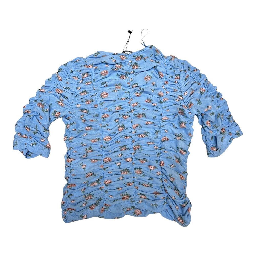 ZARA Blouse Blue Floral Tulle Ruched Cropped Feminine - Picture 9 of 13